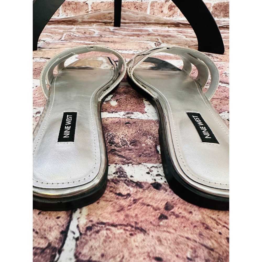 Nine West Womens Metallic Silver Slide Sandals Square Toe Flat H-Strap Mirror - Picture 6 of 13